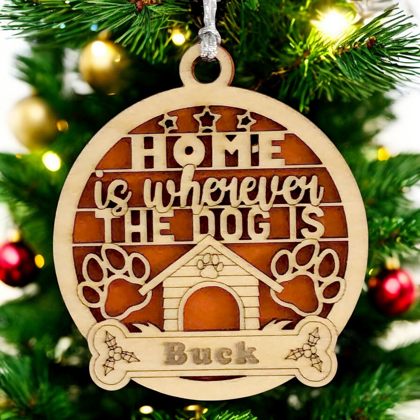 Handcrafted Dog House Christmas Ornament - Personalized Pet Name on Bone - 3" Natural or White Wood - Home is Wherever the Dog is - Custom Holiday Decoration