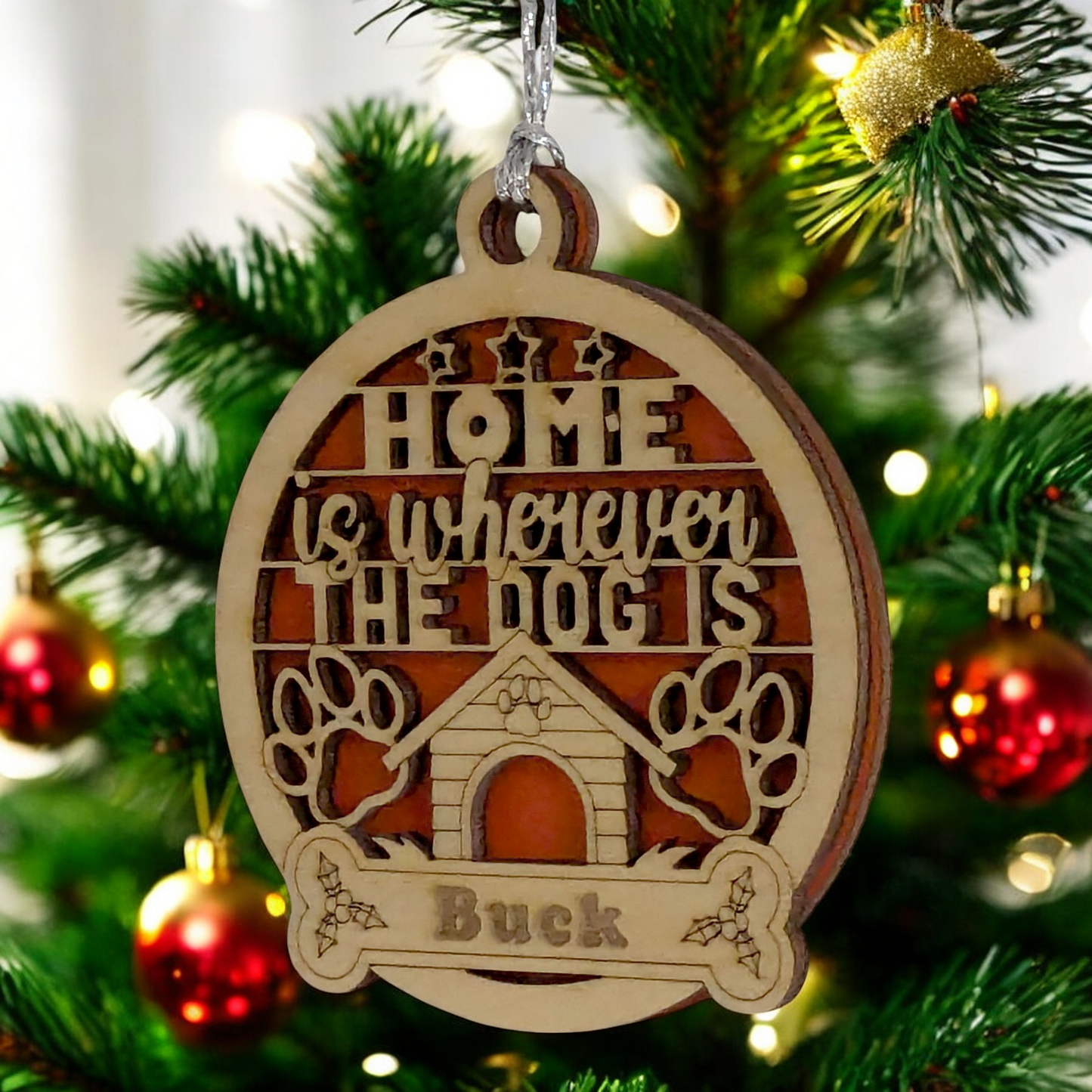 Handcrafted Dog House Christmas Ornament - Personalized Pet Name on Bone - 3" Natural or White Wood - Home is Wherever the Dog is - Custom Holiday Decoration