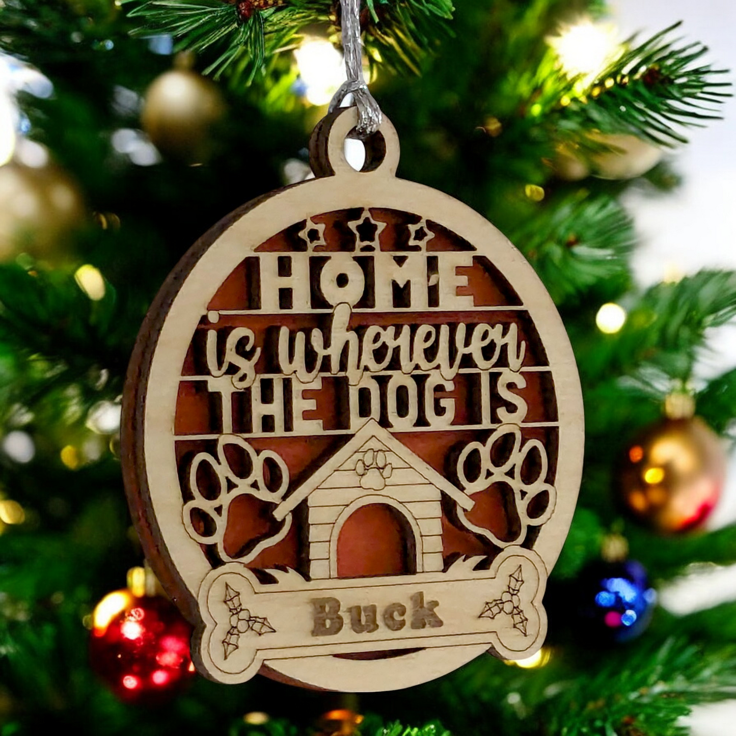 Handcrafted Dog House Christmas Ornament - Personalized Pet Name on Bone - 3" Natural or White Wood - Home is Wherever the Dog is - Custom Holiday Decoration