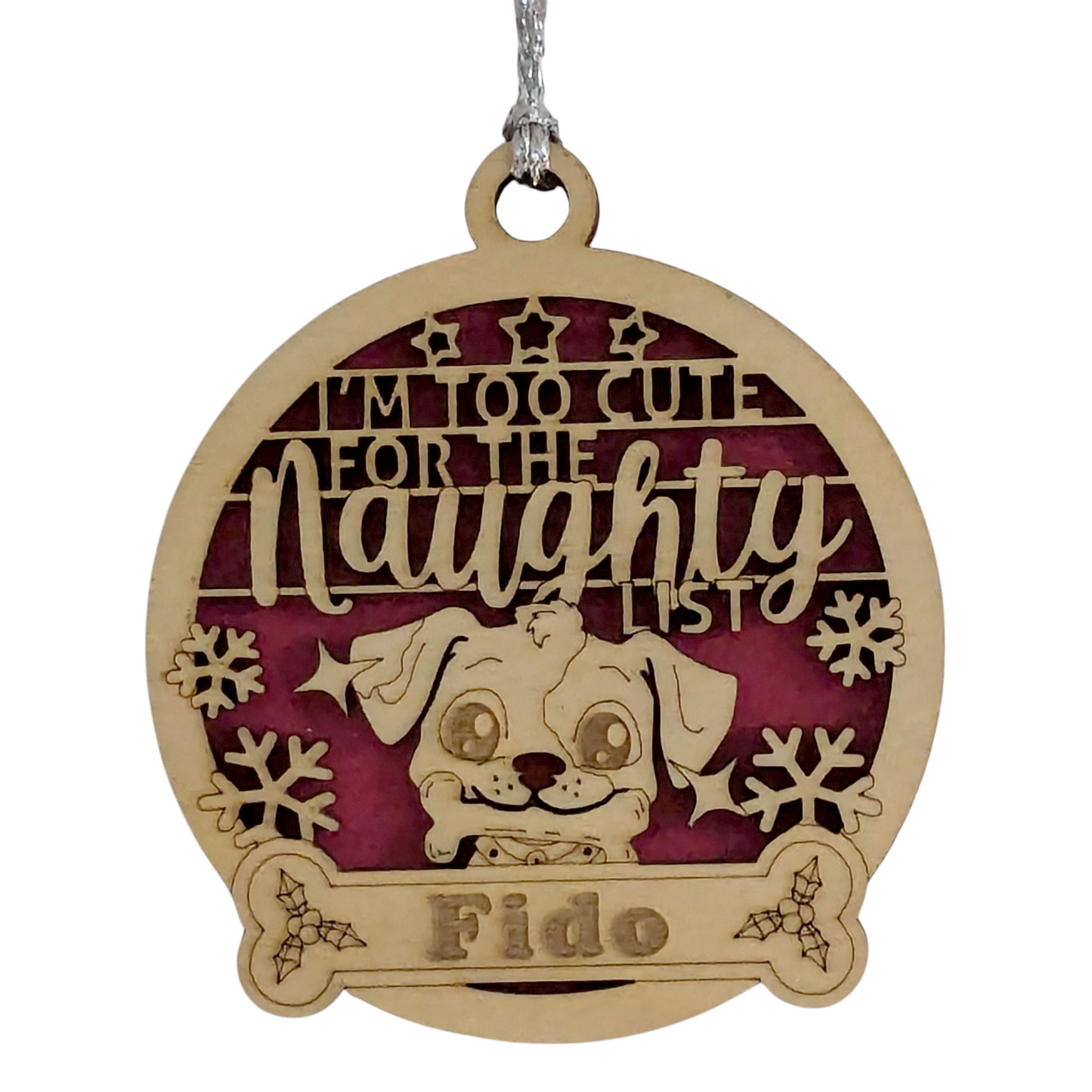 Personalized Pet Ornament - 3" Laser Cut Wood Dog Design - Custom Name Christmas Tree Decoration - "Too Cute for Naughty List" - Dog Lover Gift