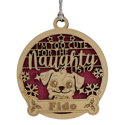 Personalized Pet Ornament - 3" Laser Cut Wood Dog Design - Custom Name Christmas Tree Decoration - "Too Cute for Naughty List" - Dog Lover Gift