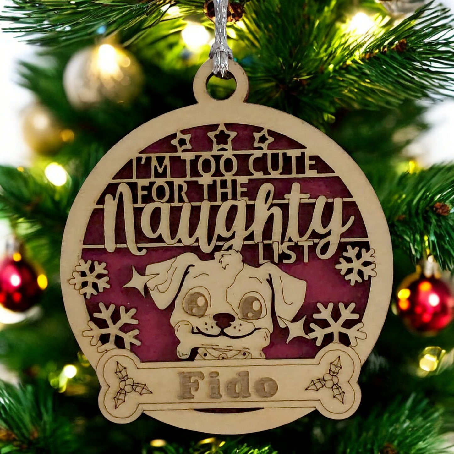 Personalized Pet Ornament - 3" Laser Cut Wood Dog Design - Custom Name Christmas Tree Decoration - "Too Cute for Naughty List" - Dog Lover Gift