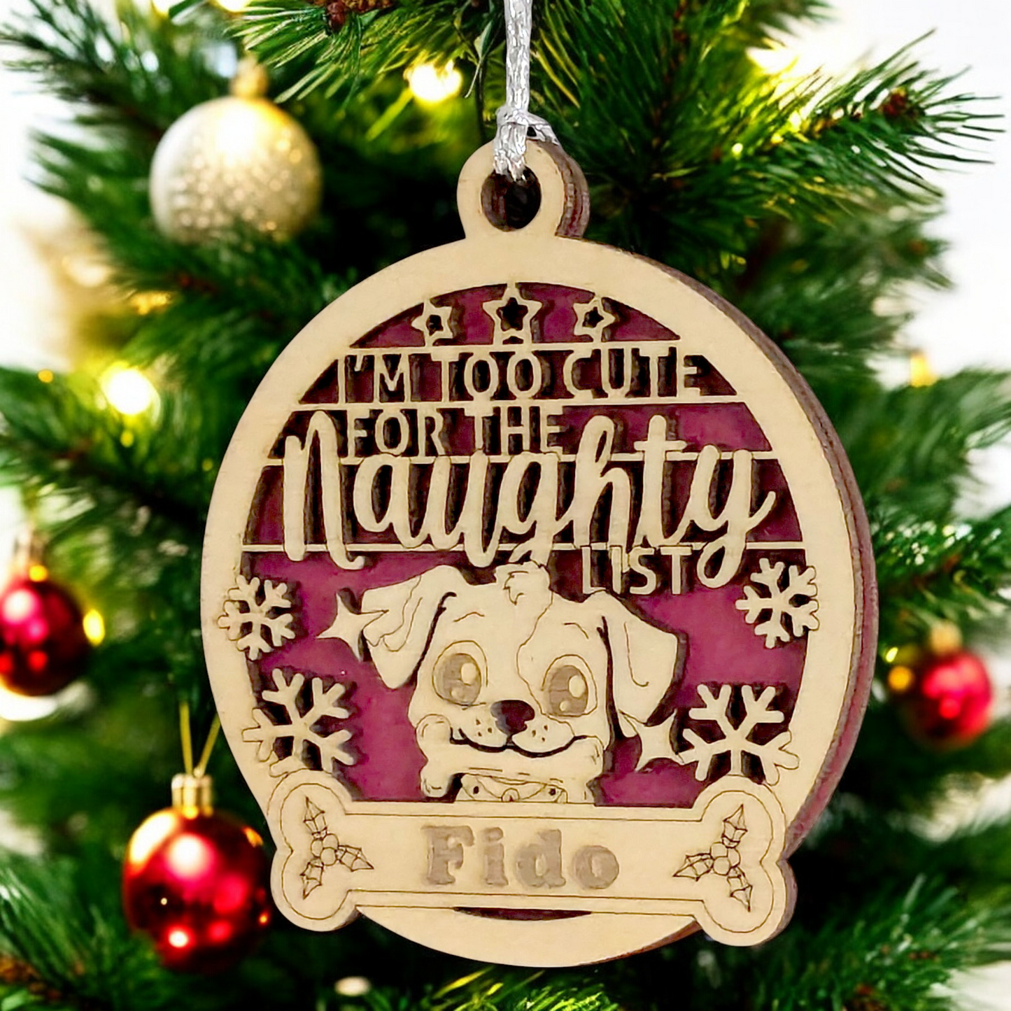 Personalized Pet Ornament - 3" Laser Cut Wood Dog Design - Custom Name Christmas Tree Decoration - "Too Cute for Naughty List" - Dog Lover Gift