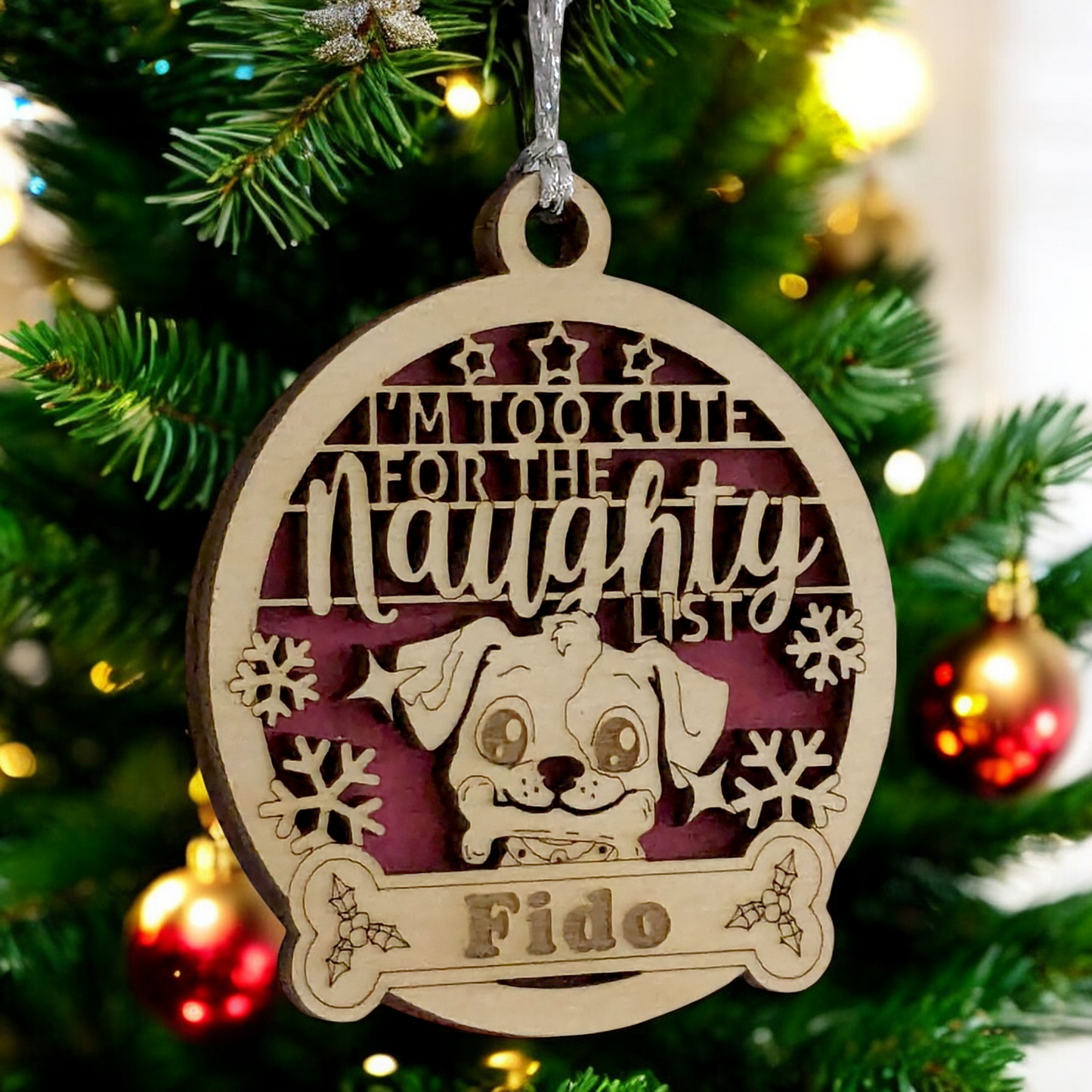 Personalized Pet Ornament - 3" Laser Cut Wood Dog Design - Custom Name Christmas Tree Decoration - "Too Cute for Naughty List" - Dog Lover Gift
