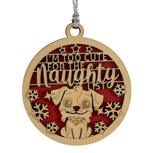 Dog Christmas Ornament - 3" Handcrafted Wood Two-Layer Design - Adorable Puppy with Bone - "Too Cute for Naughty List" - Pet Lover Holiday Gift Made in USA