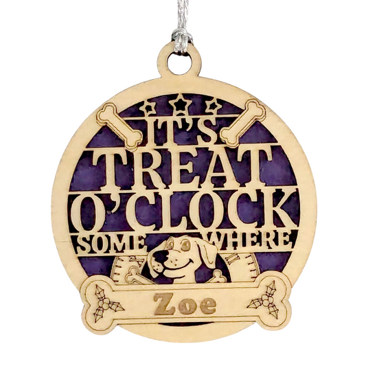 Personalized Dog Christmas Ornament - Custom Pet Name Wood Ornament - Laser Cut 3" Dog Lover Gift - Handmade in USA - "It's Treat O'Clock Somewhere" Holiday Decoration