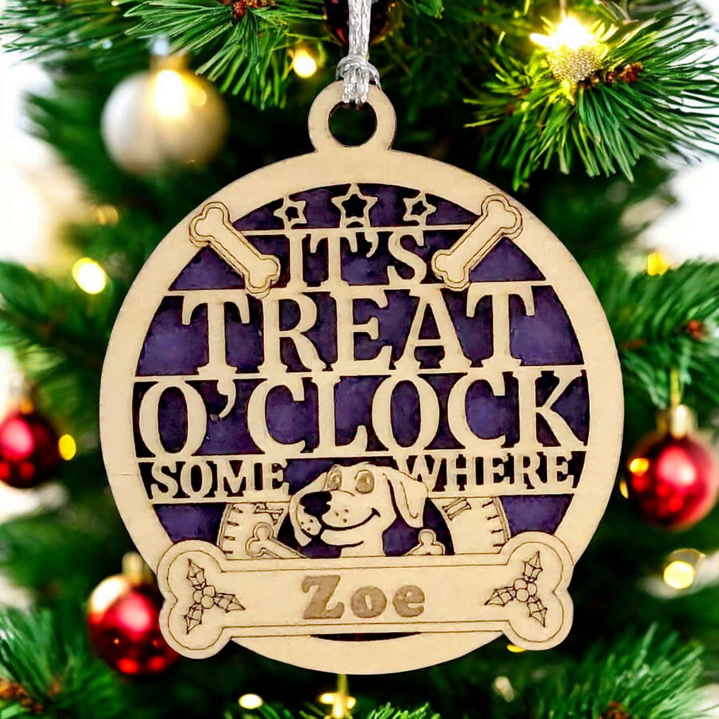 Personalized Dog Christmas Ornament - Custom Pet Name Wood Ornament - Laser Cut 3" Dog Lover Gift - Handmade in USA - "It's Treat O'Clock Somewhere" Holiday Decoration