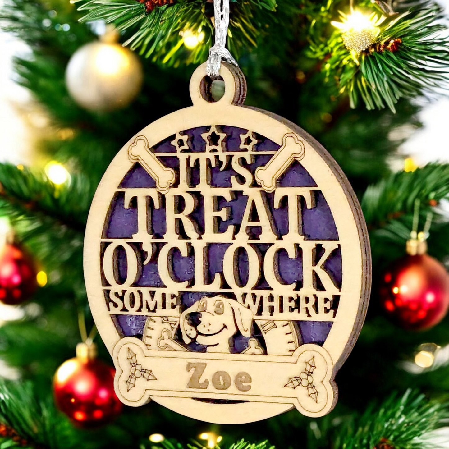 Personalized Dog Christmas Ornament - Custom Pet Name Wood Ornament - Laser Cut 3" Dog Lover Gift - Handmade in USA - "It's Treat O'Clock Somewhere" Holiday Decoration