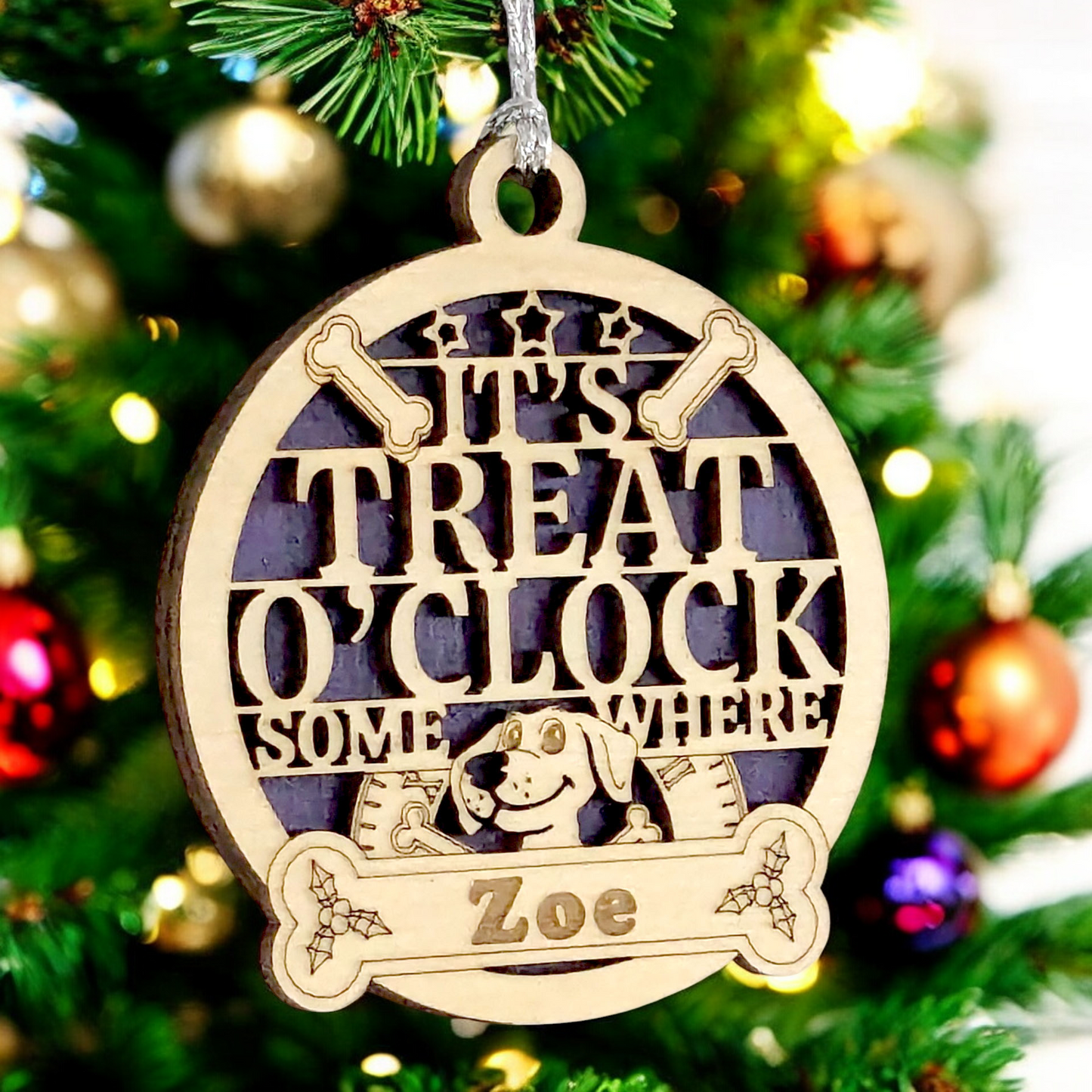 Personalized Dog Christmas Ornament - Custom Pet Name Wood Ornament - Laser Cut 3" Dog Lover Gift - Handmade in USA - "It's Treat O'Clock Somewhere" Holiday Decoration