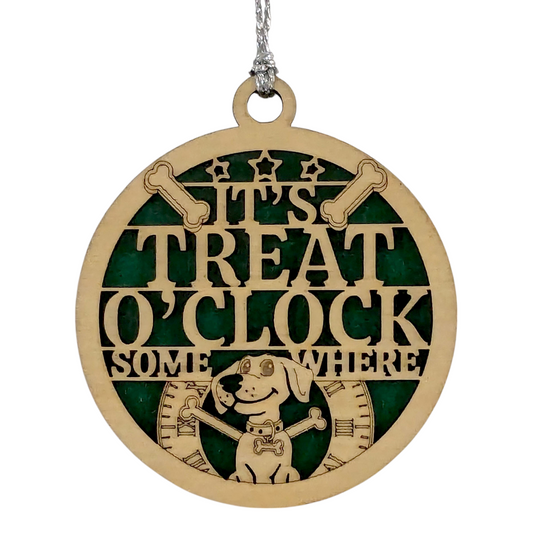 "It's Treat O'Clock Somewhere" Dog Christmas Ornament - 3" Two-Layer Wood Design, Laser Cut Pet Decoration - Unique Holiday Gift for Dog Lovers, Handmade in Oregon