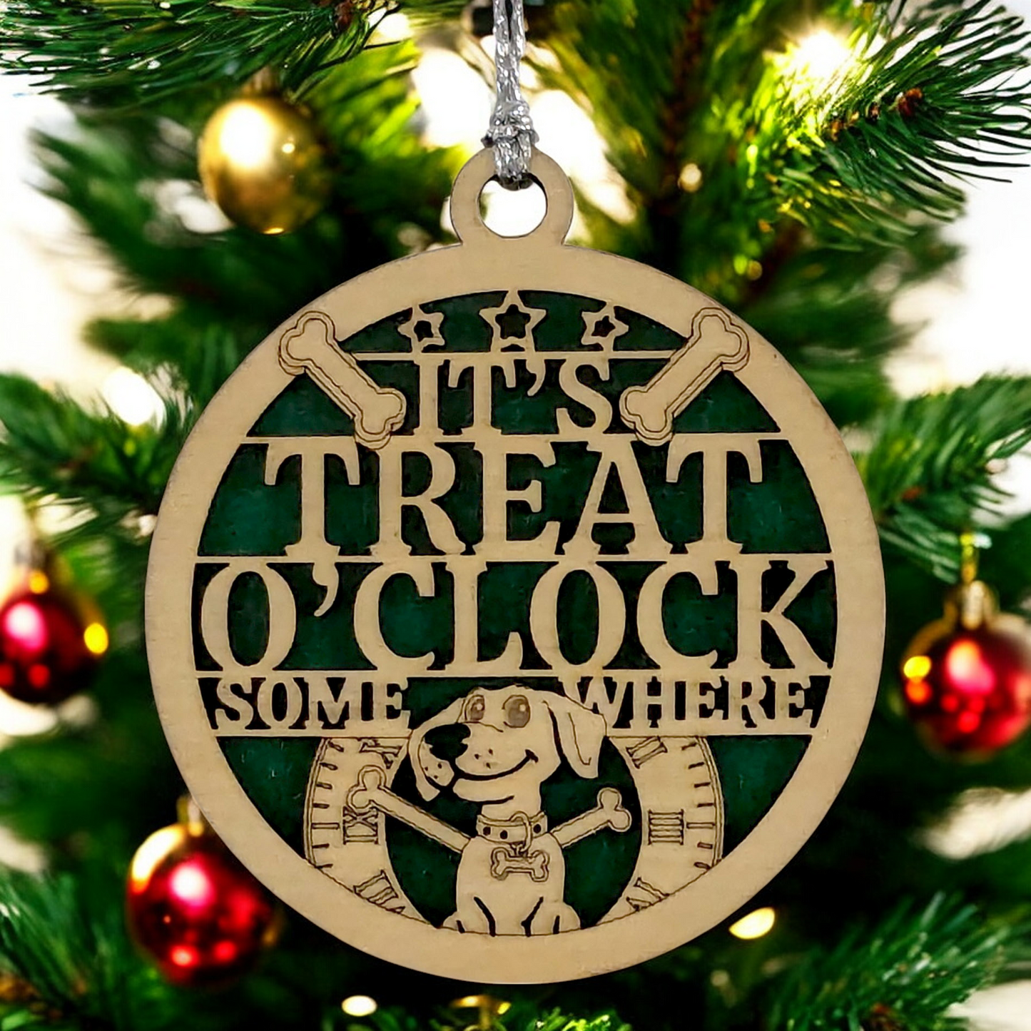 "It's Treat O'Clock Somewhere" Dog Christmas Ornament - 3" Two-Layer Wood Design, Laser Cut Pet Decoration - Unique Holiday Gift for Dog Lovers, Handmade in Oregon