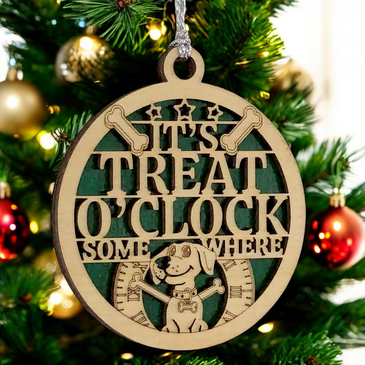 "It's Treat O'Clock Somewhere" Dog Christmas Ornament - 3" Two-Layer Wood Design, Laser Cut Pet Decoration - Unique Holiday Gift for Dog Lovers, Handmade in Oregon