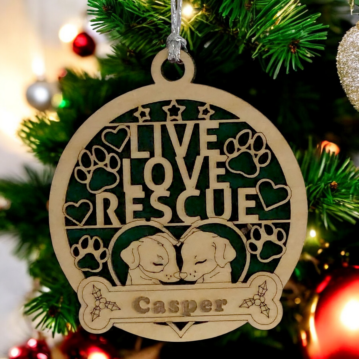 Personalized Dog Christmas Ornament - Custom Wood Pet Decoration with Names - Handcrafted 3" Two Dogs Love Heart Design - Rescue Dog Mom Holiday Gift