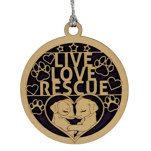 Handcrafted Dog Christmas Ornament - 3" Live Love Rescue Wood Decoration, Two Layer Design with Heart, Pet Lover Gift, Custom Holiday Keepsake, Made in USA