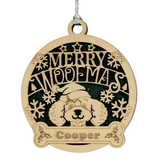 Personalized Merry Woofmas Dog Ornament - 3" Laser Cut Wood Christmas Tree Decoration, Custom Pet Name, Handmade Dog Lover Gift, Two-Layer Design with Snowflakes