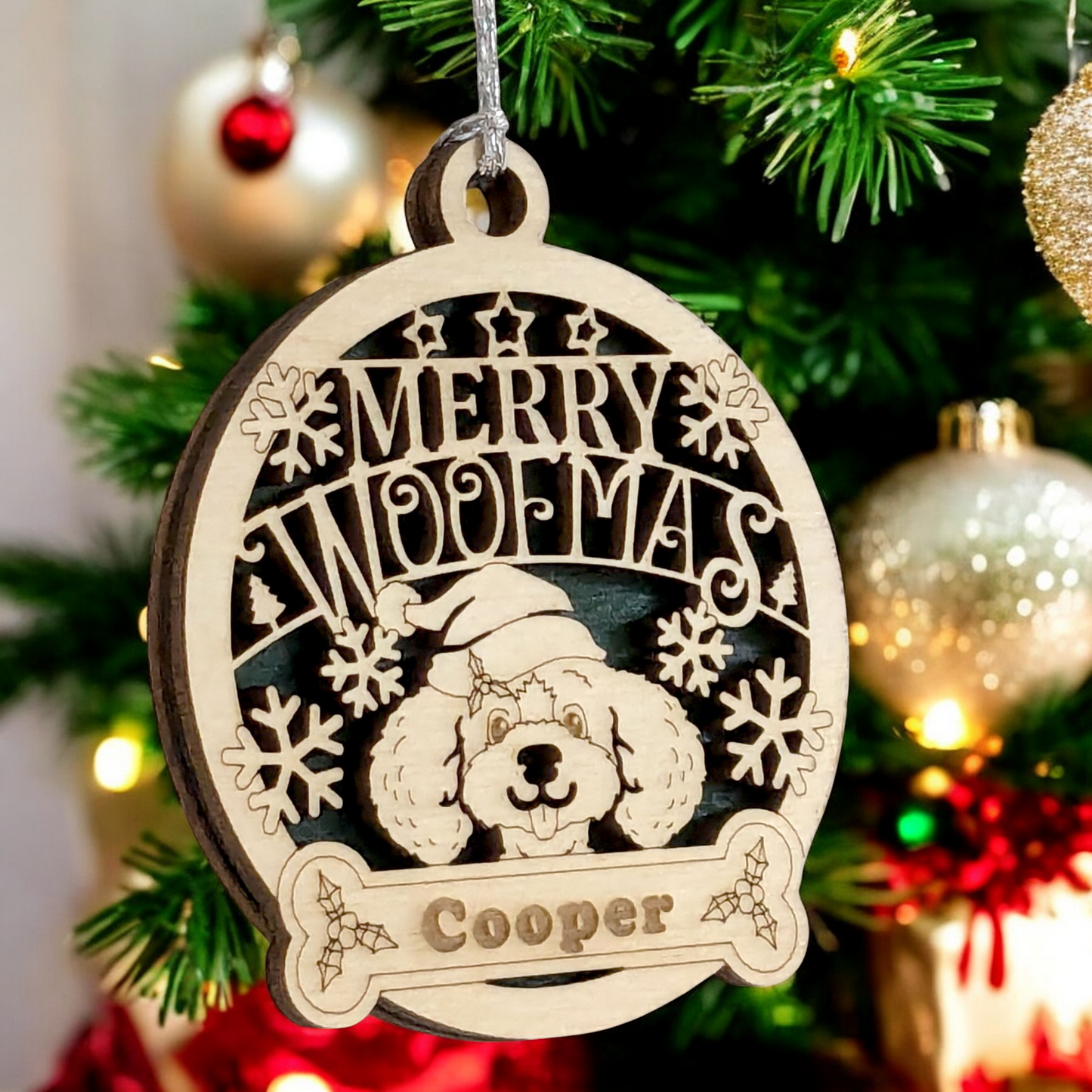 Personalized Merry Woofmas Dog Ornament - 3" Laser Cut Wood Christmas Tree Decoration, Custom Pet Name, Handmade Dog Lover Gift, Two-Layer Design with Snowflakes