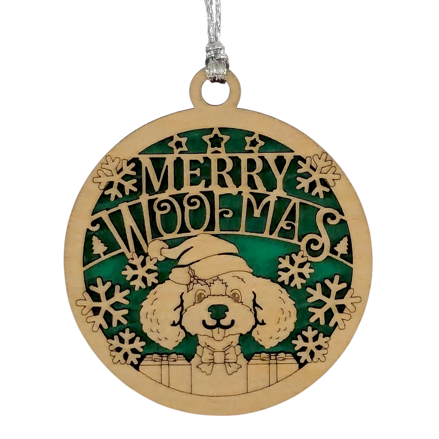 Handcrafted Dog Christmas Ornament - 3" Wooden Two-Layer Laser Cut "Merry Woofmas" Pet Holiday Decoration with Snowflakes - Handmade in Oregon USA