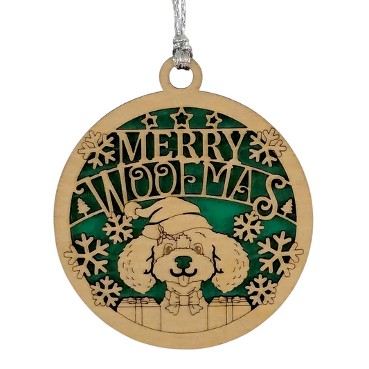 Handcrafted Dog Christmas Ornament - 3" Wooden Two-Layer Laser Cut "Merry Woofmas" Pet Holiday Decoration with Snowflakes - Handmade in Oregon USA