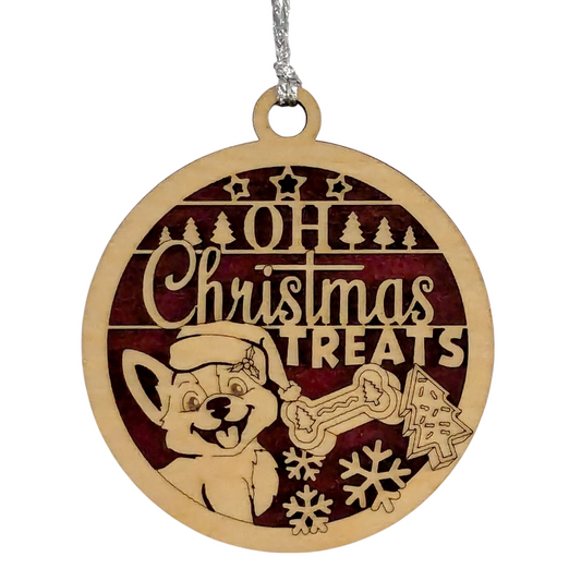 Oh Christmas Treats Dog Ornament - 3 inch Handcrafted Wooden Pet Decoration - Two-Layer Laser Cut Design - Made in USA Christmas Tree Dog Lover Gift