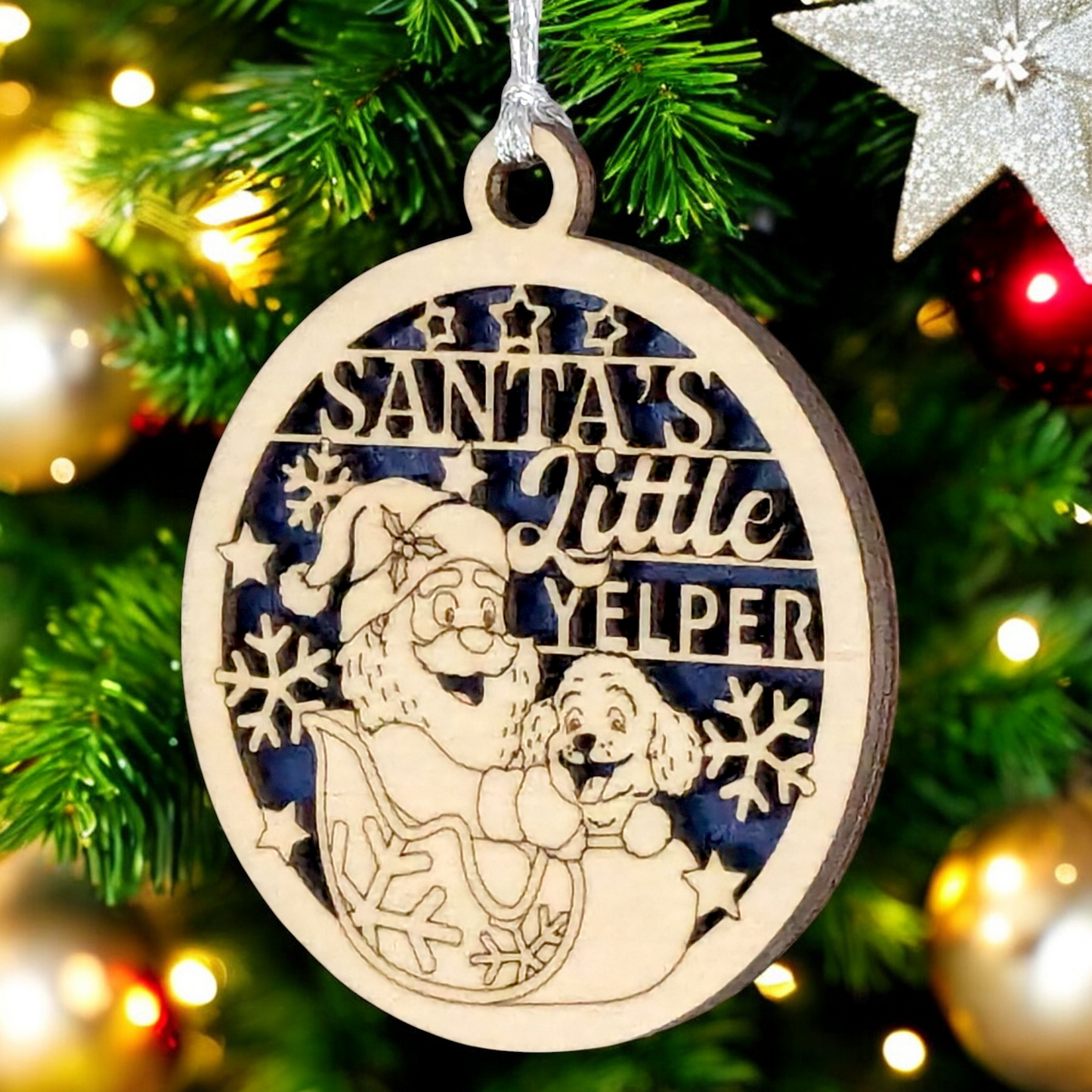 Santa's Little Yelper Wooden Ornament - 3" Handcrafted Dog Christmas Decoration, Two-Layer Laser Cut Design, Pet Lover Holiday Gift