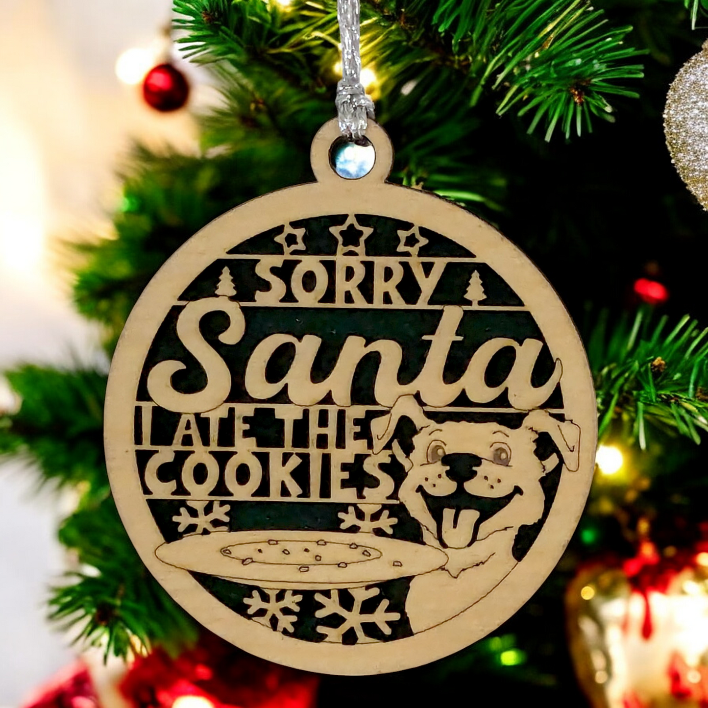 Funny Dog Christmas Ornament - Handmade 3" Wood Slice "Sorry Santa, I Ate The Cookies" - Pet Lover Holiday Decoration - Rustic Farmhouse Tree Decor - Made in USA
