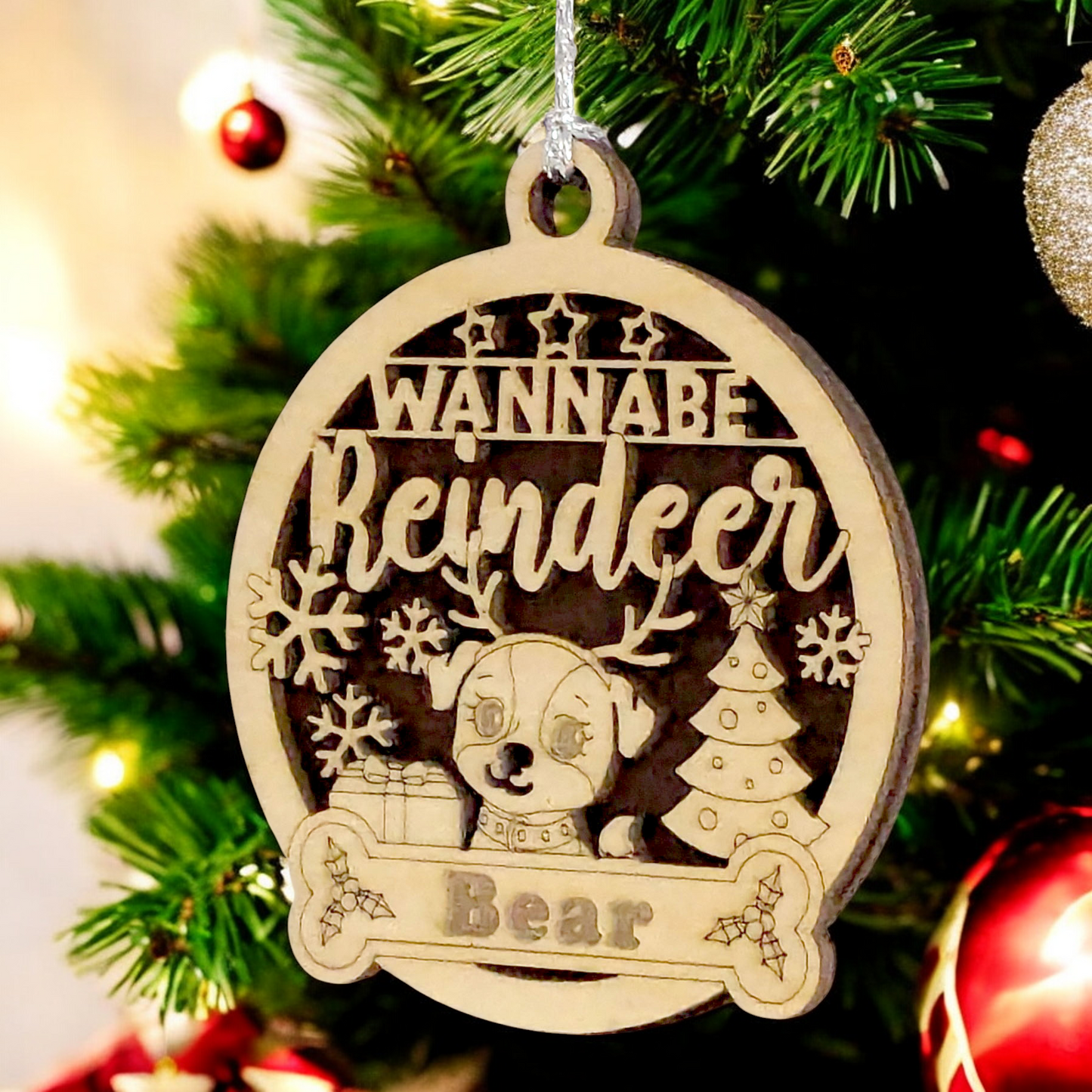 Personalized Dog Christmas Ornament - Custom Name Wooden Reindeer Dog Decoration - Handcrafted 3" Pet Holiday Ornament - Dog Lover Christmas Gift - Made in USA