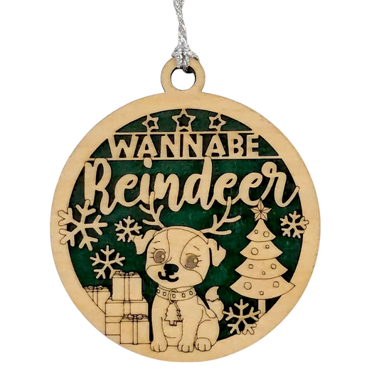 Custom Dog Christmas Ornament - Laser Cut Wood Puppy with Reindeer Antlers - 3 inch Rustic Holiday Decor - Artisan Crafted in Oregon