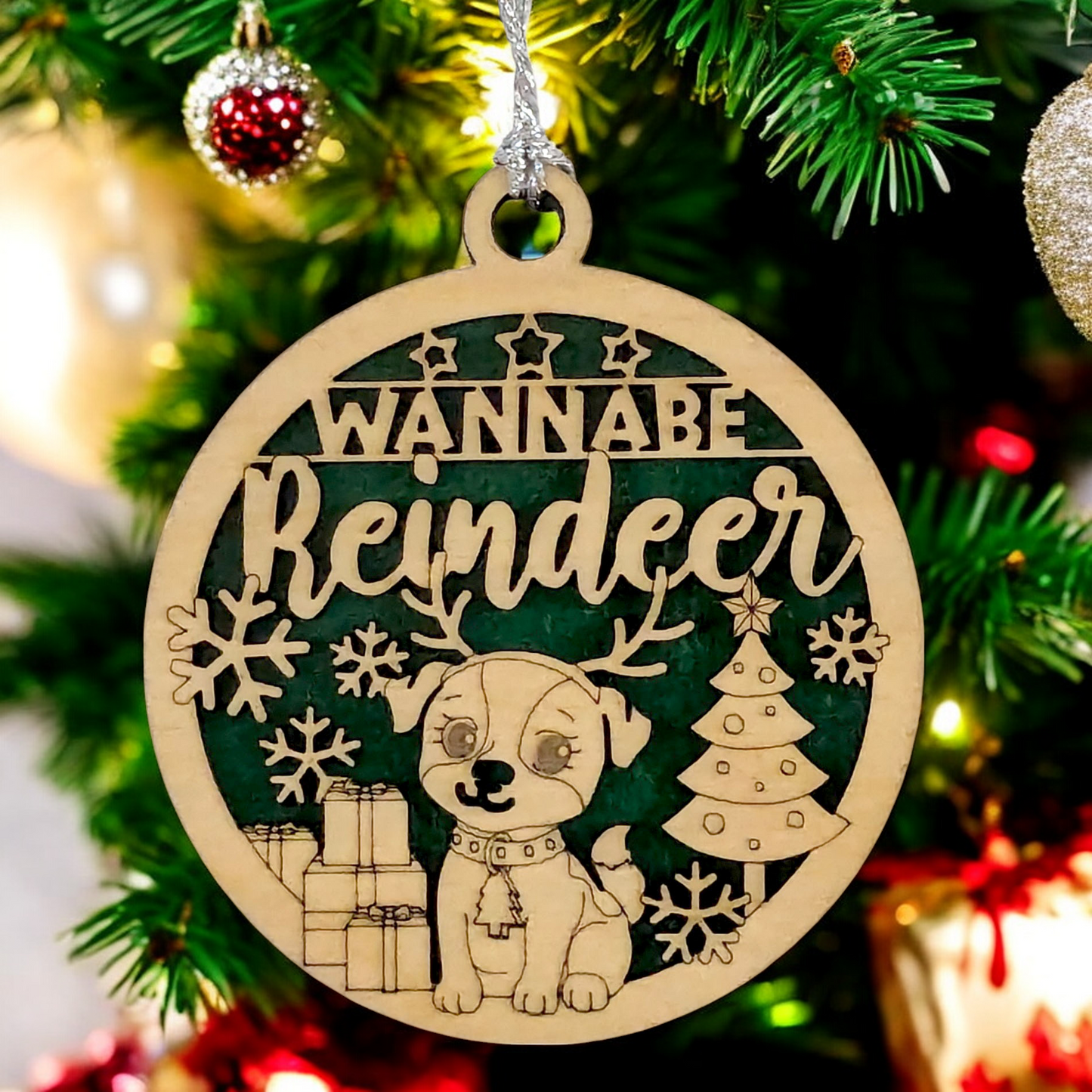 Custom Dog Christmas Ornament - Laser Cut Wood Puppy with Reindeer Antlers - 3 inch Rustic Holiday Decor - Artisan Crafted in Oregon
