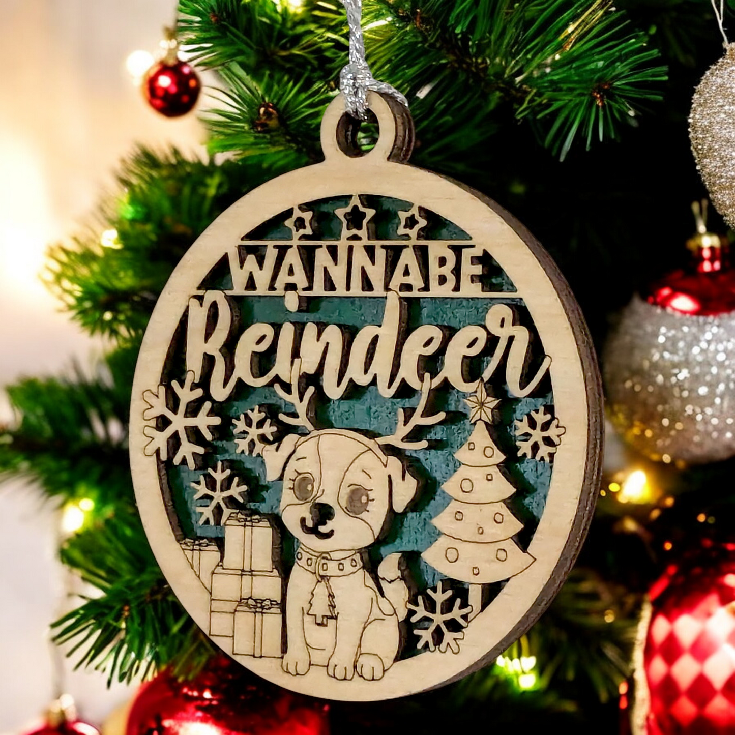 Custom Dog Christmas Ornament - Laser Cut Wood Puppy with Reindeer Antlers - 3 inch Rustic Holiday Decor - Artisan Crafted in Oregon