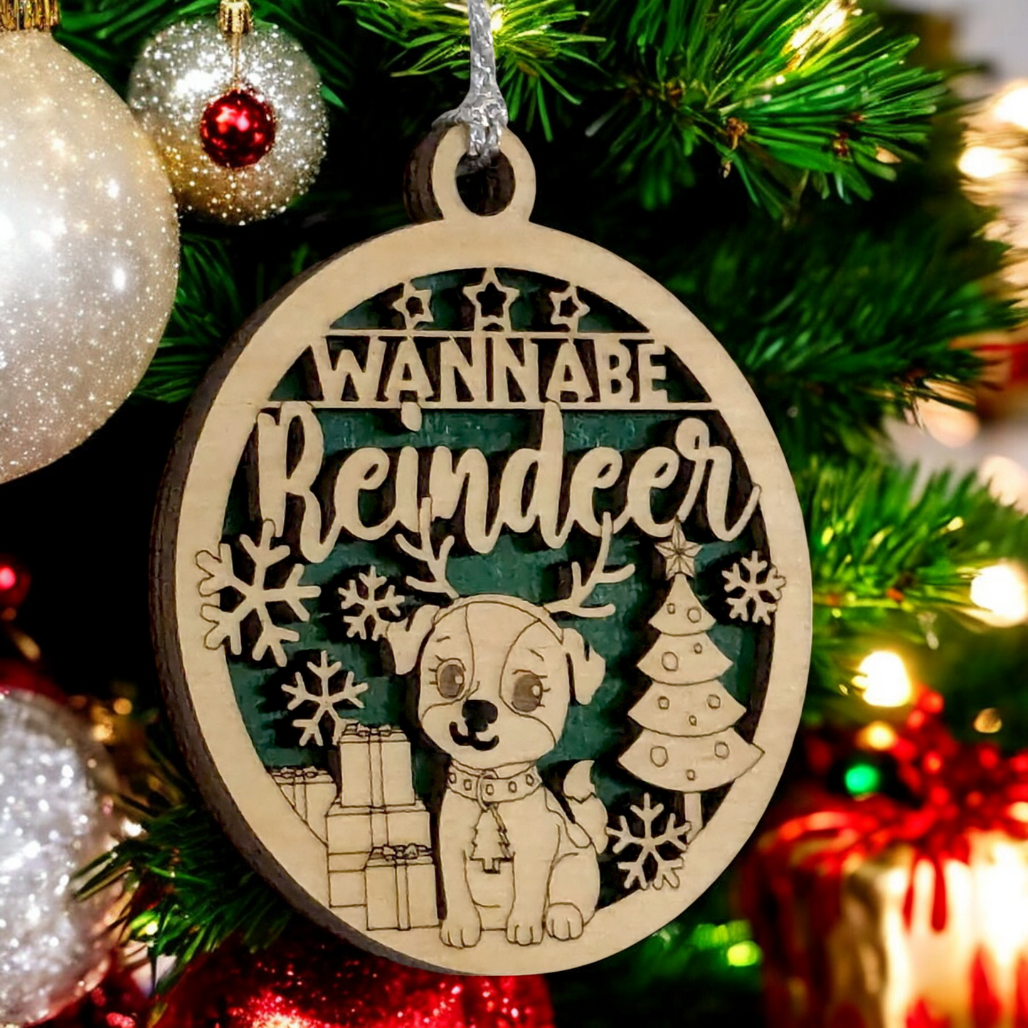 Custom Dog Christmas Ornament - Laser Cut Wood Puppy with Reindeer Antlers - 3 inch Rustic Holiday Decor - Artisan Crafted in Oregon
