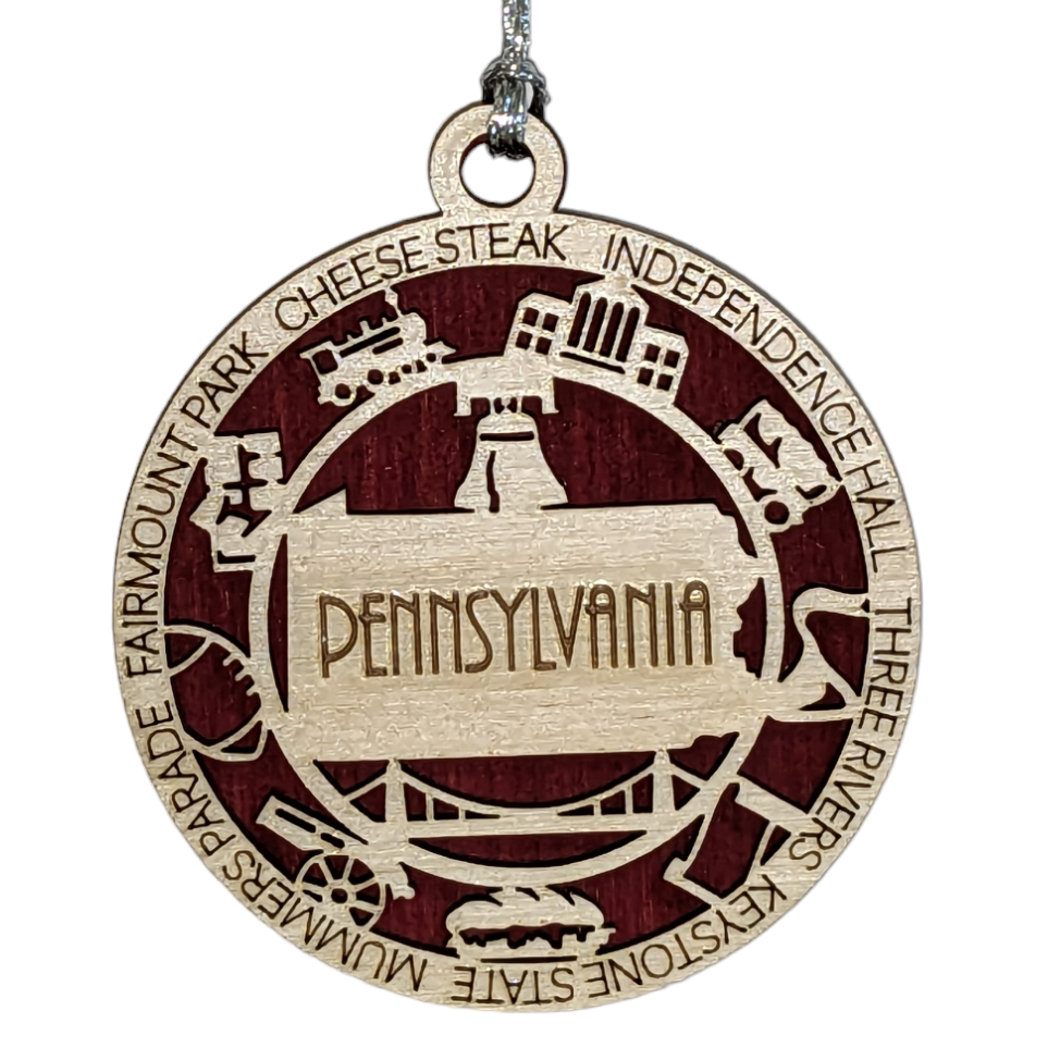 Pennsylvania State Pride 3D Wood Laser Cut Ornament: Featuring Iconic Pennsylvania Symbols and Custom Background Colors