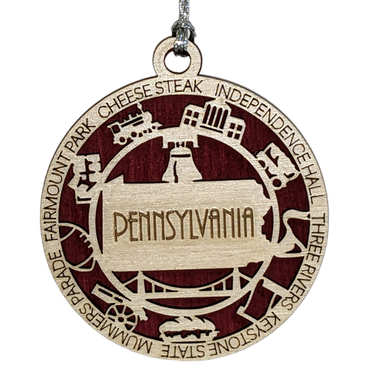 Pennsylvania State Pride 3D Wood Laser Cut Ornament: Featuring Iconic Pennsylvania Symbols and Custom Background Colors