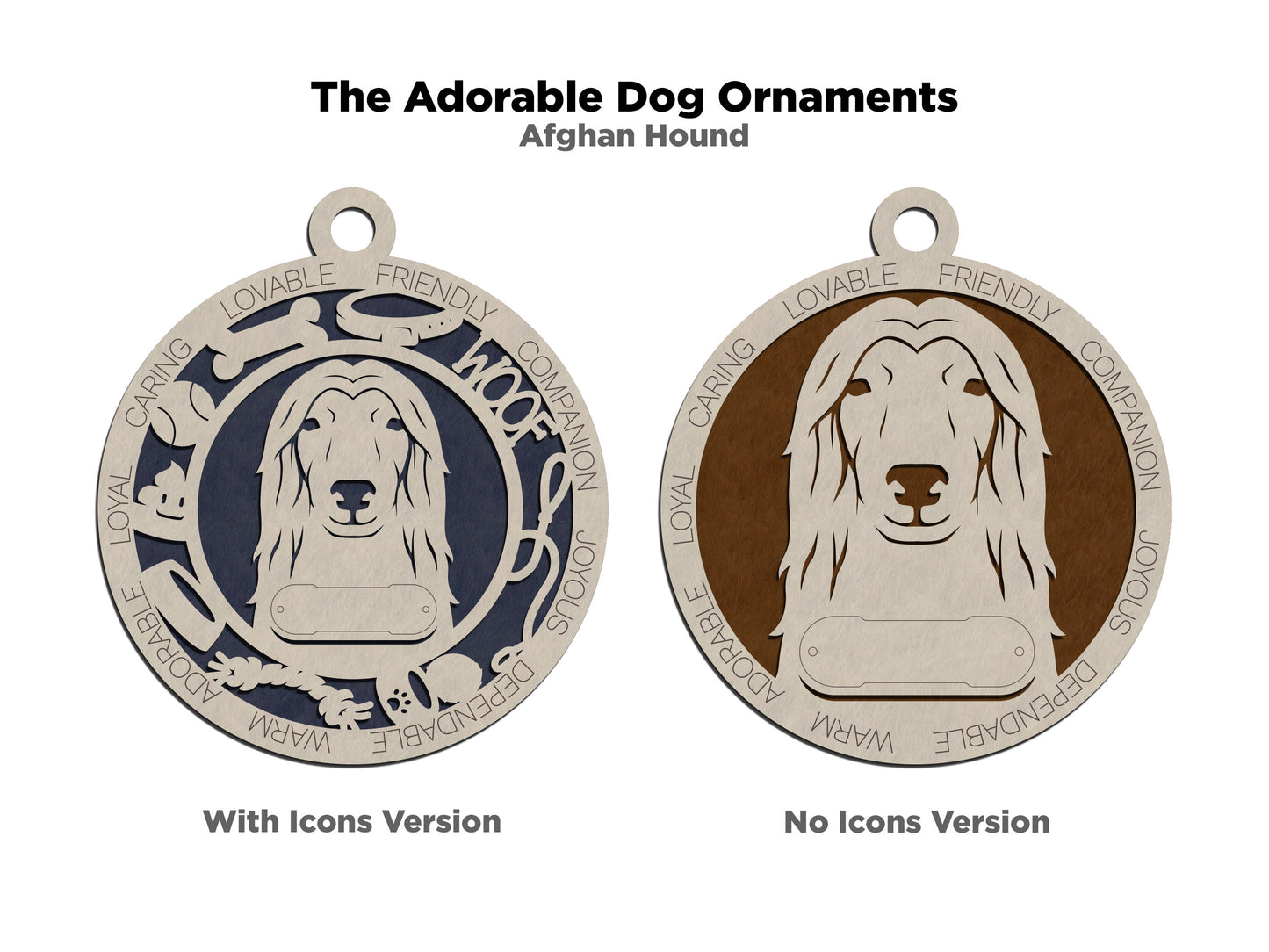 Personalized Afghan Hound Dog Christmas Ornament, 3" Round Laser Cut, 2-Layer Wooden Design, Customizable Name Tag & Text, Handcrafted in USA, Natural Wood & Colorful Background Options