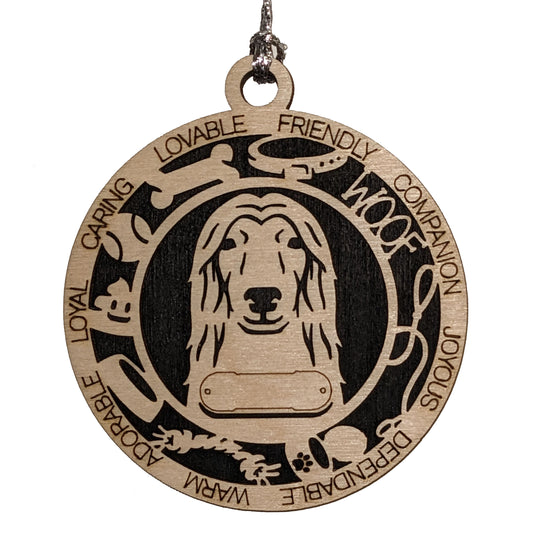 Personalized Afghan Hound Dog Christmas Ornament, 3" Round Laser Cut, 2-Layer Wooden Design, Customizable Name Tag & Text, Handcrafted in USA, Natural Wood & Colorful Background Options