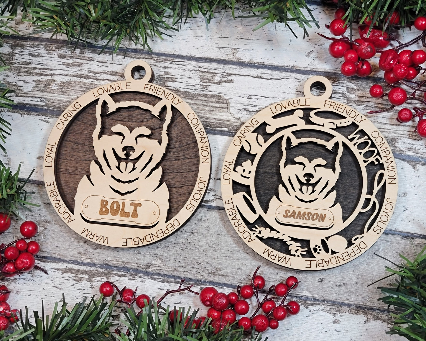 Personalized Akita Inu Dog Christmas Ornament - 3" Round, 2-Layer Laser Cut Wood - Customizable Name Tag & Text Border - Handcrafted in USA - Choose Painted Background or Print - Perfect Gift!