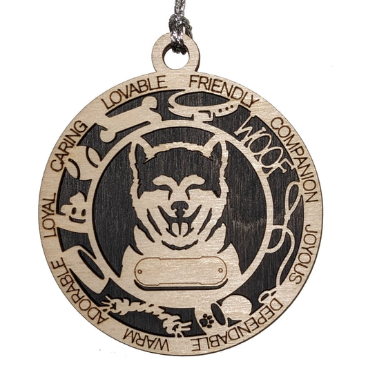 Personalized Akita Inu Dog Christmas Ornament - 3" Round, 2-Layer Laser Cut Wood - Customizable Name Tag & Text Border - Handcrafted in USA - Choose Painted Background or Print - Perfect Gift!