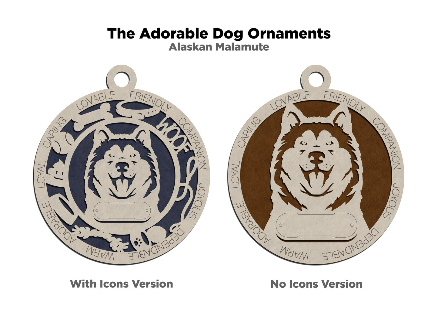 Personalized Alaskan Malamute Dog Christmas Ornament, 3" Round, 2-Layer Laser Cut Wood, Customizable Name Tag & Text, Handcrafted in USA, Choose Background Color/Print, Perfect Holiday Gift!