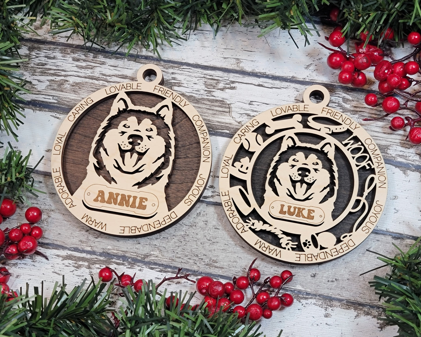Personalized Alaskan Malamute Dog Christmas Ornament, 3" Round, 2-Layer Laser Cut Wood, Customizable Name Tag & Text, Handcrafted in USA, Choose Background Color/Print, Perfect Holiday Gift!