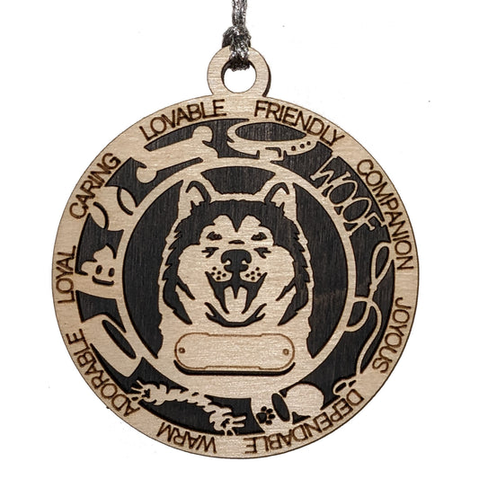 Personalized Alaskan Malamute Dog Christmas Ornament, 3" Round, 2-Layer Laser Cut Wood, Customizable Name Tag & Text, Handcrafted in USA, Choose Background Color/Print, Perfect Holiday Gift!