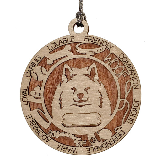 Personalized 3" Round Wooden Dog Christmas Ornament - American Eskimo Design - Customizable Name & Text - 2 Layer Laser Cut - Handcrafted in USA - Choose Background Color or Print - Perfect Gift!