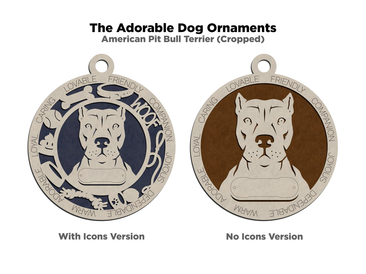Personalized 3" Round Wooden Dog Christmas Ornament - Customizable Name Tag & Text - 2 Layer Laser Cut Design - American Pit Bull Terrier - Handcrafted in USA - Choose Colorful Backgrounds
