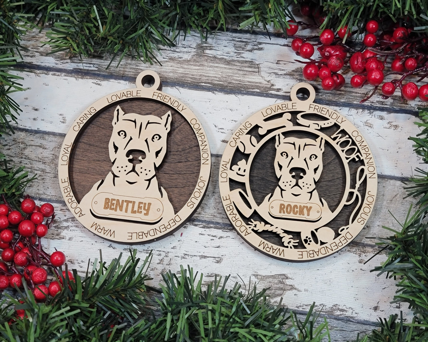 Personalized 3" Wooden Dog Christmas Ornament - Customizable Name & Text - 2 Layer Laser Cut Design - American Pit Bull Terrier - Handcrafted in USA - Choose Color Background - Perfect Pet Gift