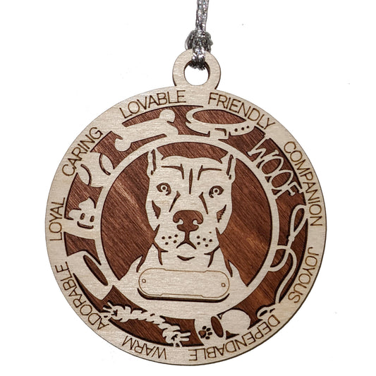 Personalized 3" Wooden Dog Christmas Ornament - Customizable Name & Text - 2 Layer Laser Cut Design - American Pit Bull Terrier - Handcrafted in USA - Choose Color Background - Perfect Pet Gift