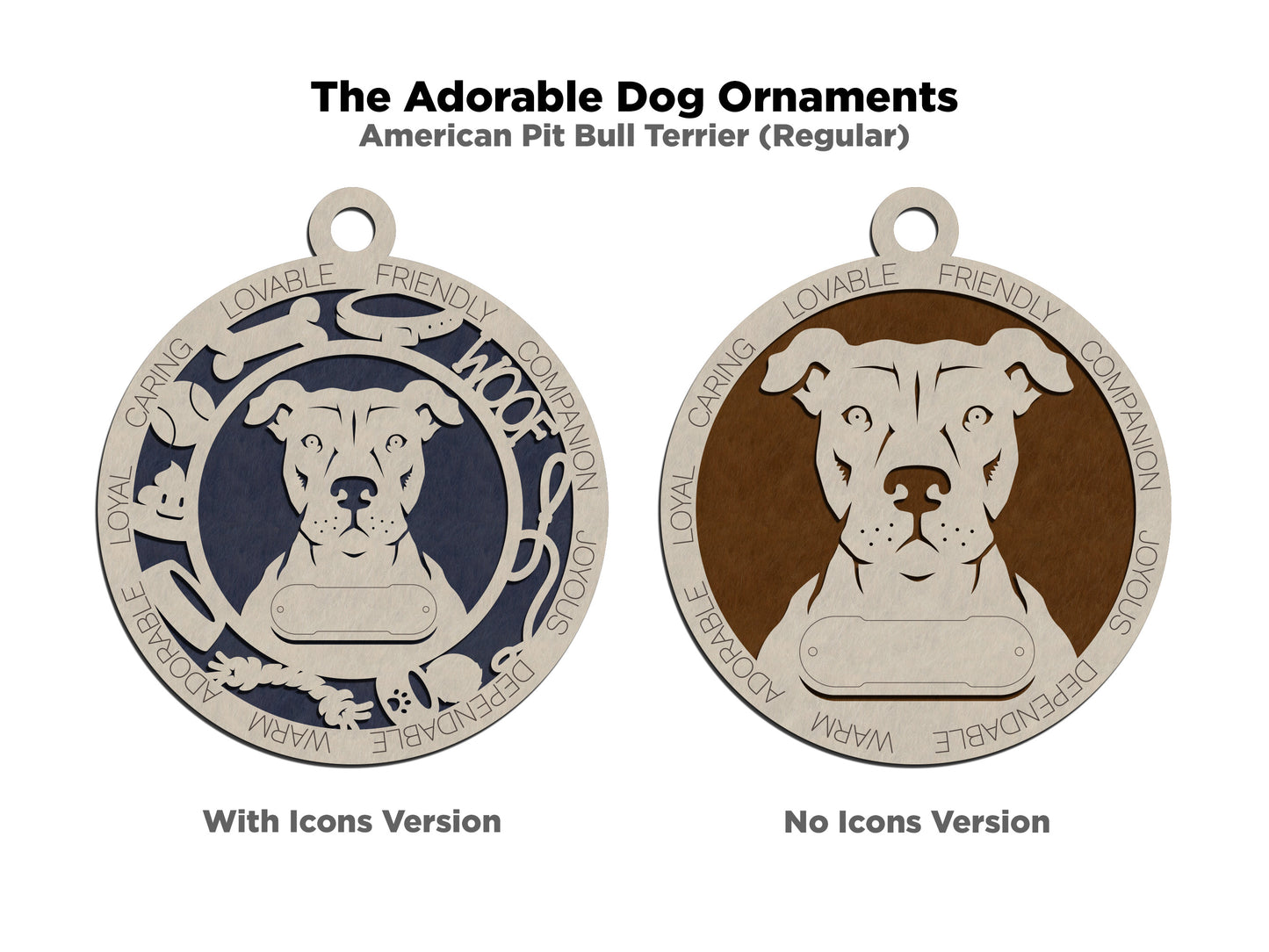 Personalized 3" Wooden Dog Christmas Ornament - Customizable Name & Text - Handcrafted USA - 2 Layer Laser Cut Design - American Pit Bull Terrier - Choose Color Background - Dog Icons Border