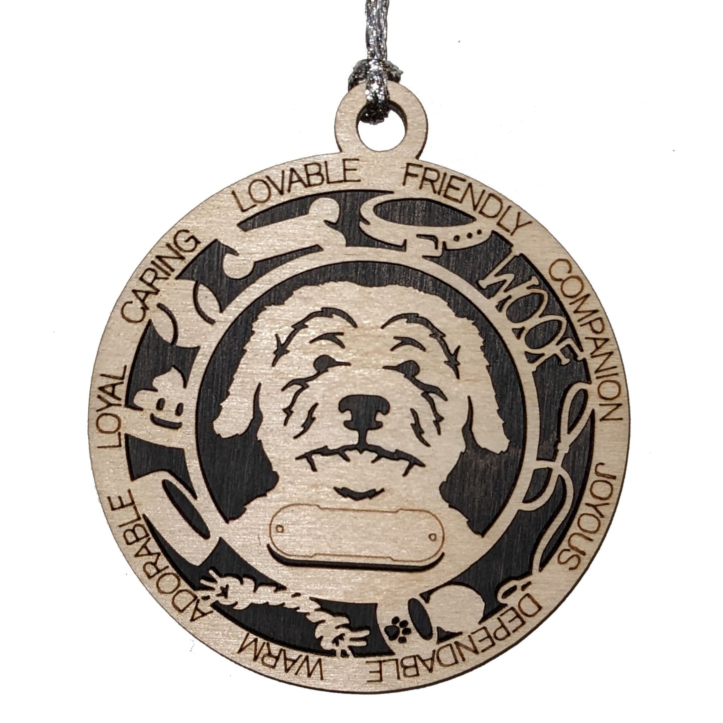 Personalized Aussie Doodle Dog Christmas Ornament, 3" Round Laser Cut, 2-Layer Wooden Design, Customizable Name Tag & Text, Handcrafted in USA, Choose Colorful Backgrounds, Perfect Holiday Gift