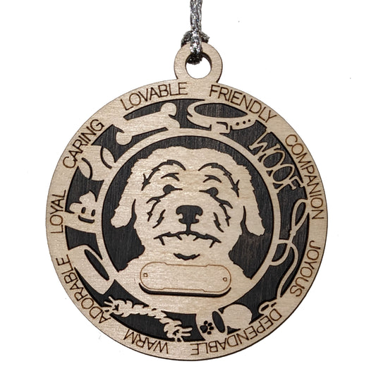 Personalized Aussie Doodle Dog Christmas Ornament, 3" Round Laser Cut, 2-Layer Wooden Design, Customizable Name Tag & Text, Handcrafted in USA, Choose Colorful Backgrounds, Perfect Holiday Gift