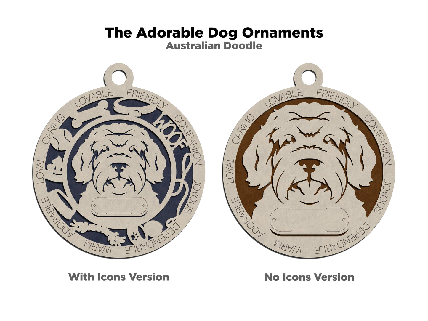 Personalized 3" Round Wooden Dog Christmas Ornament - Australian Doodle Design - Customizable Name & Text - 2 Layer Laser Cut - Natural Wood & Color Options - Handcrafted in USA - Perfect Gift!