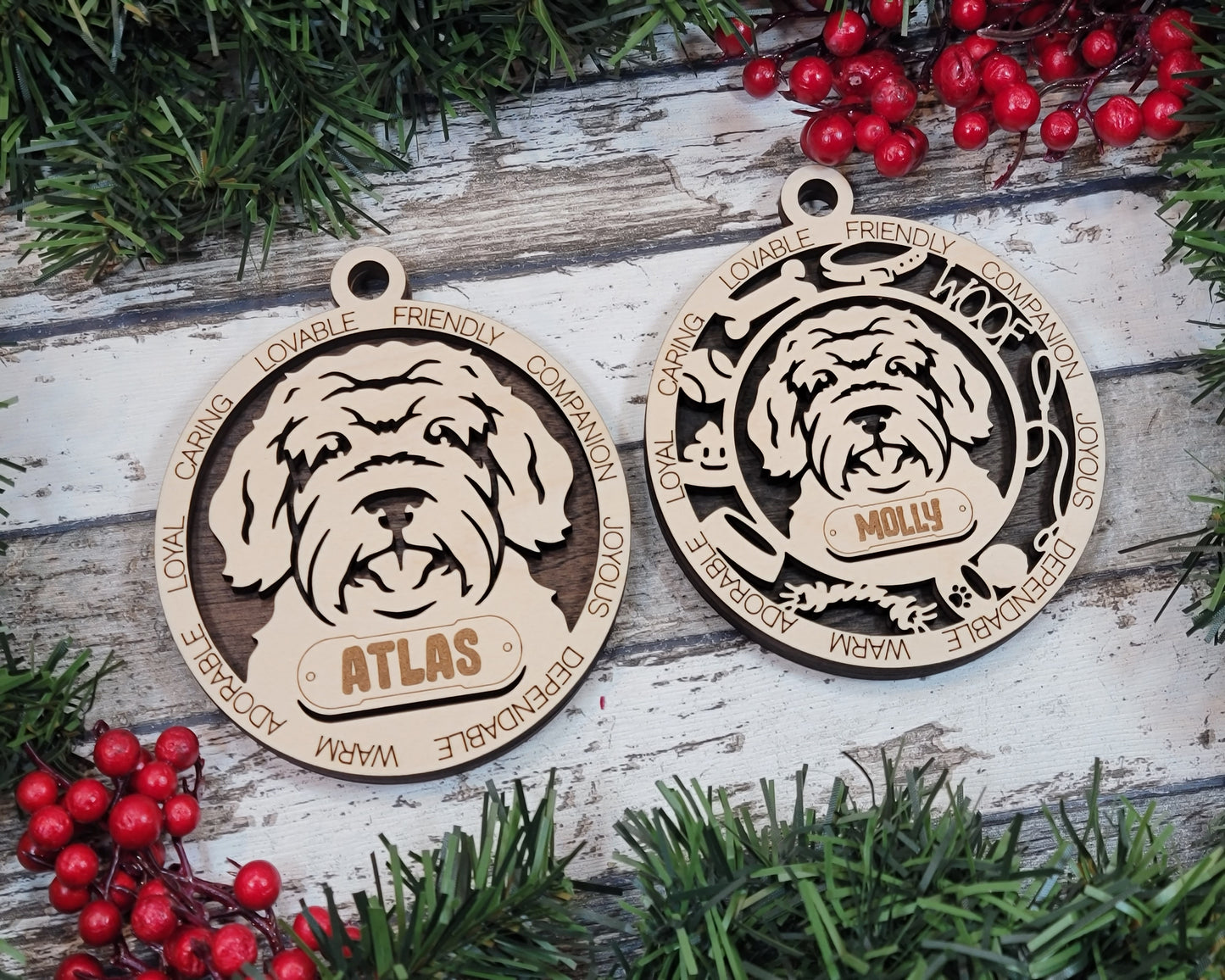 Personalized 3" Round Wooden Dog Christmas Ornament - Australian Doodle Design - Customizable Name & Text - 2 Layer Laser Cut - Natural Wood & Color Options - Handcrafted in USA - Perfect Gift!