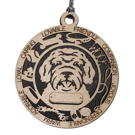 Personalized 3" Round Wooden Dog Christmas Ornament - Australian Doodle Design - Customizable Name & Text - 2 Layer Laser Cut - Natural Wood & Color Options - Handcrafted in USA - Perfect Gift!
