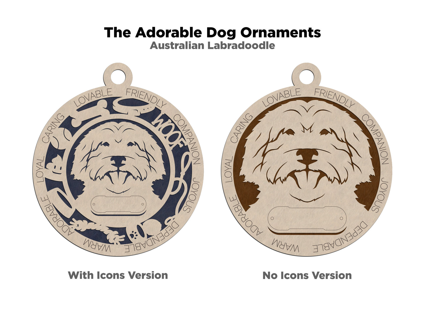 Personalized 3" Round Wooden Dog Christmas Ornament - Australian Labradoodle Design - Customizable Name & Text - 2 Layer Laser Cut - Natural Wood & Color Options - Handcrafted in USA - Perfect Gift